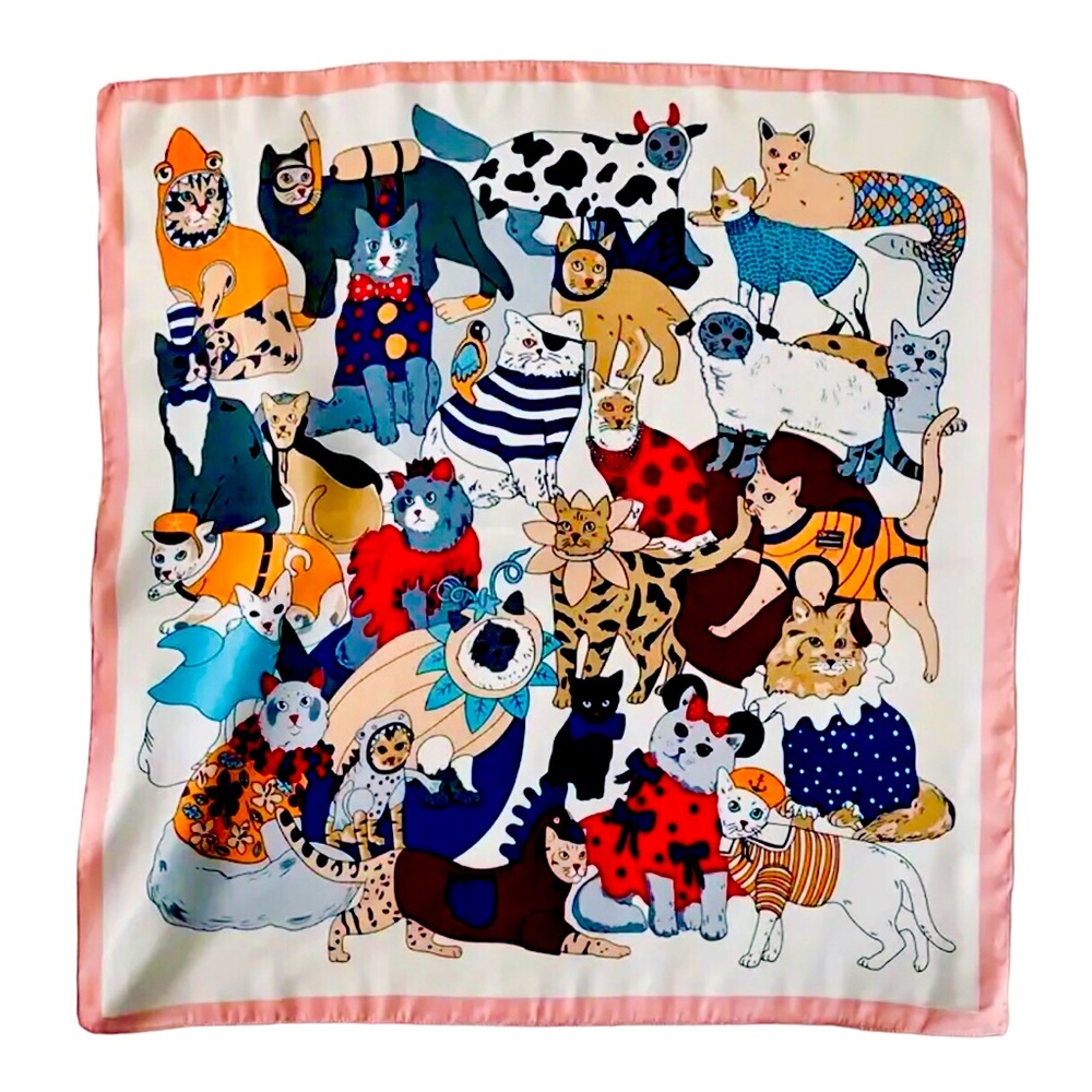 Kitty Cats Cartoon Whimsical Printed Square 27.5” Scarf w Pink Border